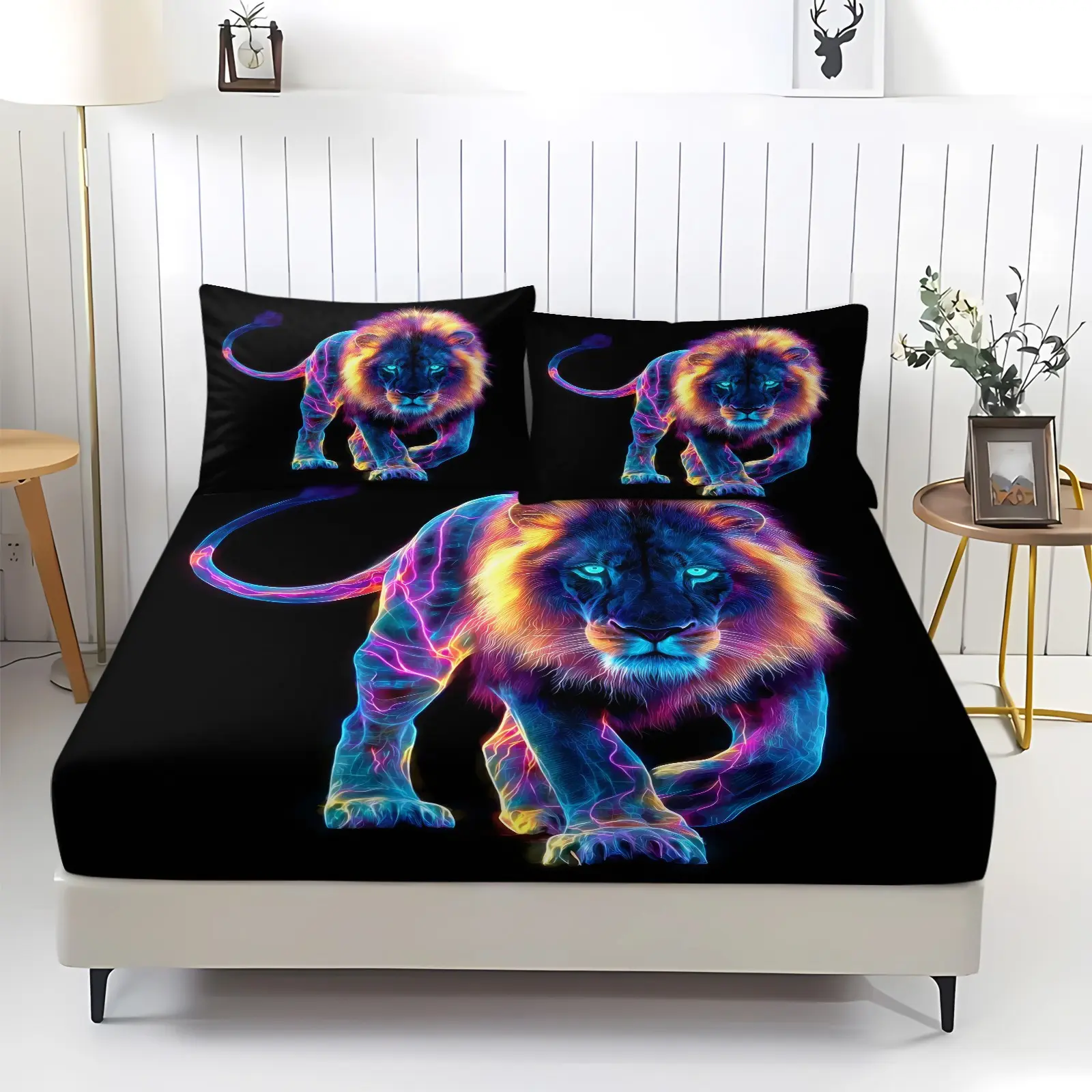3Pcs Neon Wild Animal Print Fitted Sheet Set No Fillers, Cool Vibrant Glowing Lion Leopard Wolf Snake Spider Bed Sheet Set, Black Background Bedding Set with Pillowcases for Teens & Wild Style Lovers Bedroom Decor