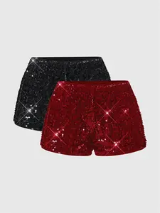 Fashion Women's Solid Color New Sequins Low Waist Sexy Ultra Short Pants Two Piece Set, Stylish Casual Summer Graphic