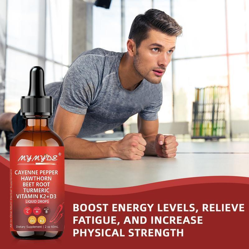 Cayenne Pepper Supplement Liquid Drops + Hawthorn Berry, Vitamin D3 K2 Organic Beet Root Powder, Ceylon Cinnamon, Turmeric Curcumin, Panax Ginseng Healthcare Dietary Edible