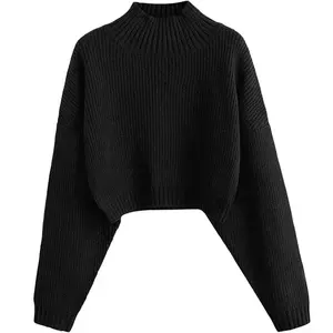 Women's Cropped Turtleneck Sweater Lantern Sleeve Ribbed Knit Pullover Sweater Jumper(Sheet)