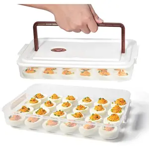 Deviled Egg Containers with Lid, (Set of 2), Plastic Deviled Egg Tray Carrier with Handle for 48 Eggs, Clear Storage Egg Platter for Devil Egg, Fridge Stackable Portable Egg Holder