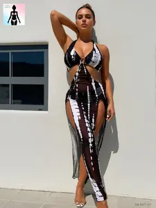 Aura Swim Women's Abstract Print 3-Piece Halter Bikinis Set - Flattering Cutout Bathing Suit, Sheer High-Slit V-Neck Swim Cover-Up Dress for Curvy Beach, Pool Party Outfits | Bikini Sets