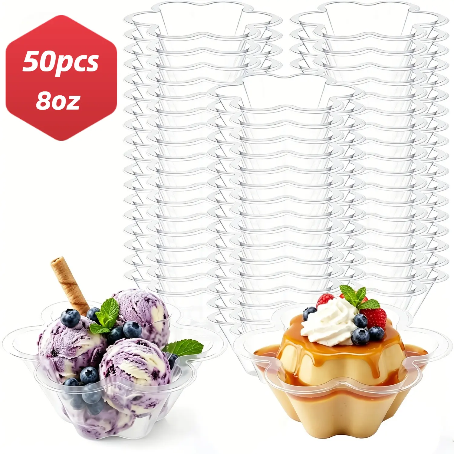 50-Pack 8 oz Clear Plastic Flower-Shaped Serving Bowls - Disposable Stackable Bowls for Chips, Salad, Candy - Reusable Tableware for Parties, Weddings, Events, Flowers