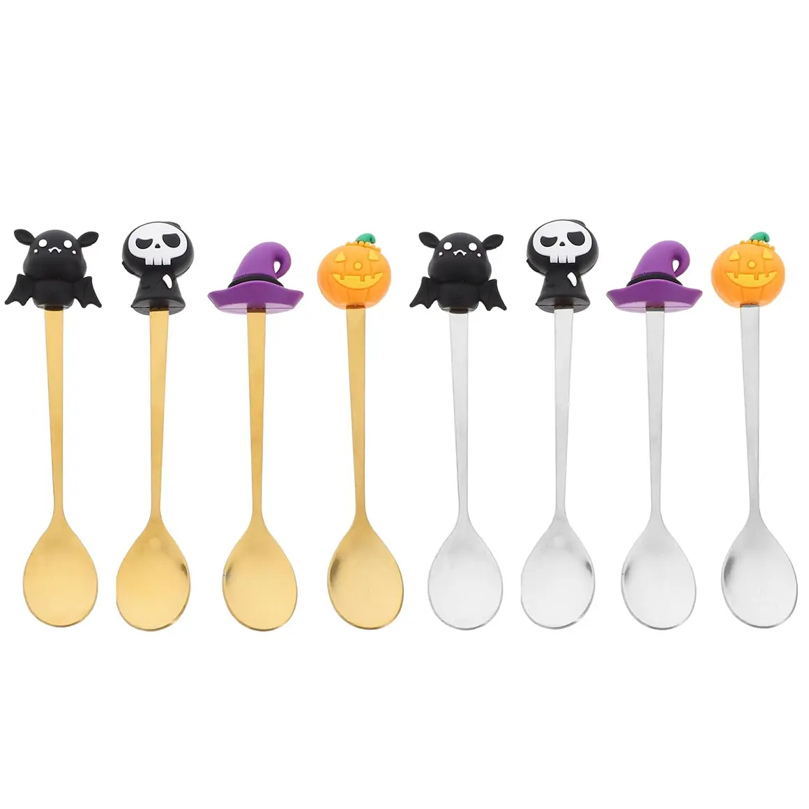 4 Counts Halloween-Themed Teaspoons, Fine Stainless Steel Coffee Spoon With Shapes Like Skulls, Pumpkins, Witch Hats, And Bats. Mini Spoon For Desserts, Ice Cream, Or Chocolate, Nice Gift, Festive Table Decorations, Utensils