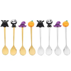 4 Counts Halloween-Themed Teaspoons, Fine Stainless Steel Coffee Spoon With Shapes Like Skulls, Pumpkins, Witch Hats, And Bats. Mini Spoon For Desserts, Ice Cream, Or Chocolate, Nice Gift, Festive Table Decorations, Utensils
