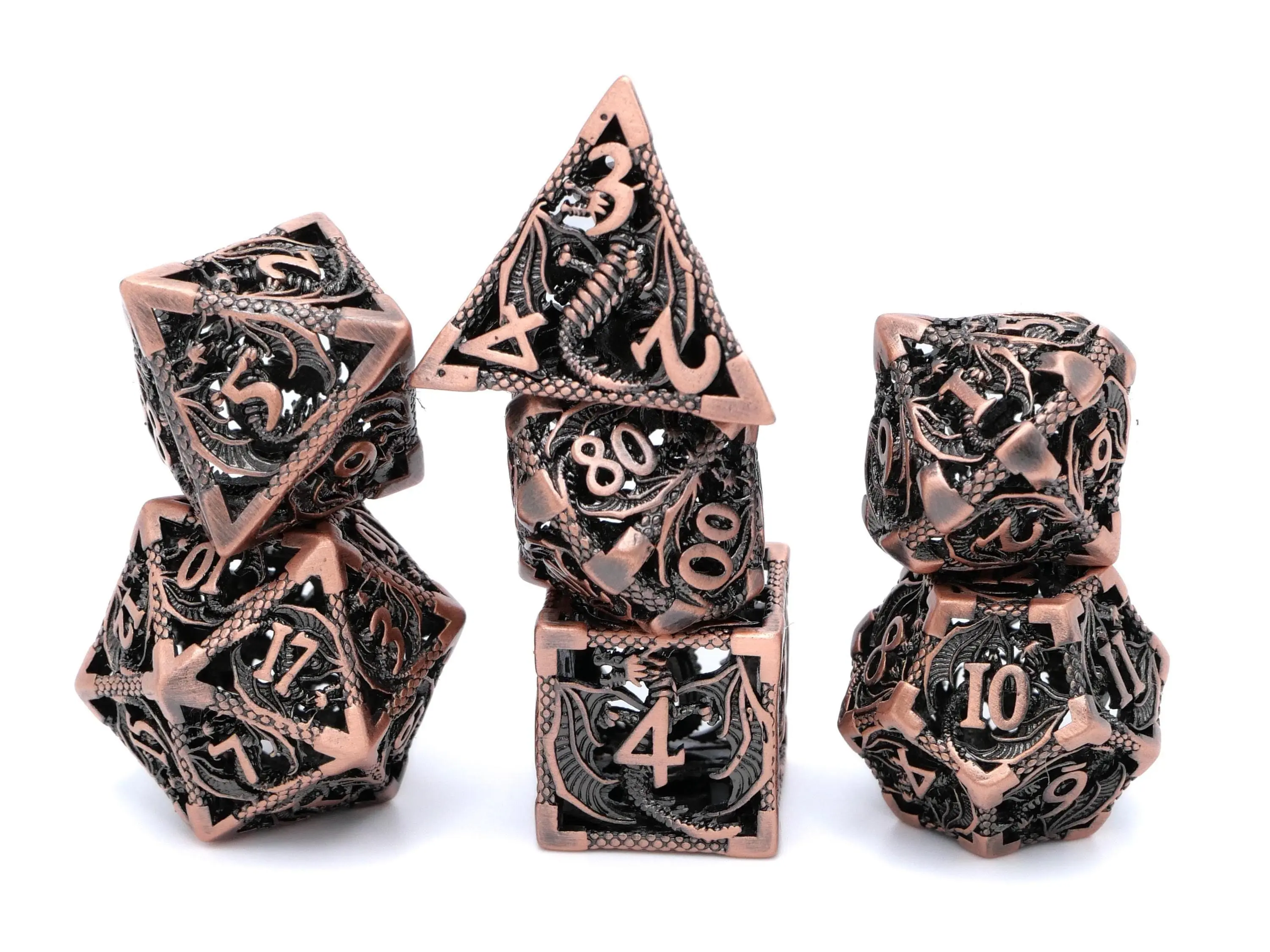 Dragon Hollow Metal Polyhedral DnD Dice Set - 7-Piece RPG Dice for Wyvern Themed Tabletop Games, Polyhedral Dice