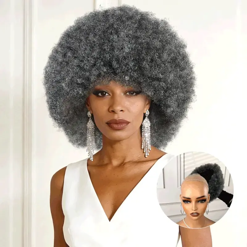QVR Women's Afro Kinky Curly Human Hair Wig - Salt & Pepper Pixie Cut, Curly Pixie Cut, Short Length Natural Human Hair Wig, Female, No