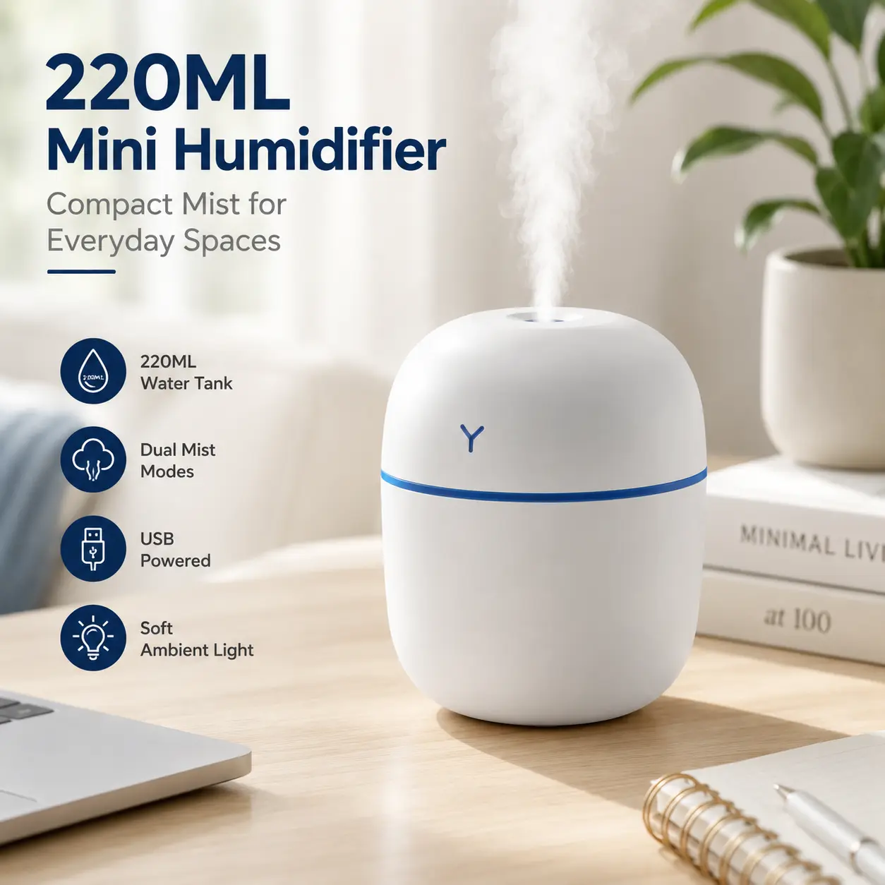 Personal USB Cool Mist Humidifier with 220ML Tank, 2 Mist Modes and Soft Light, Small Humidifier for Desk, Bedroom, Office and Dorm