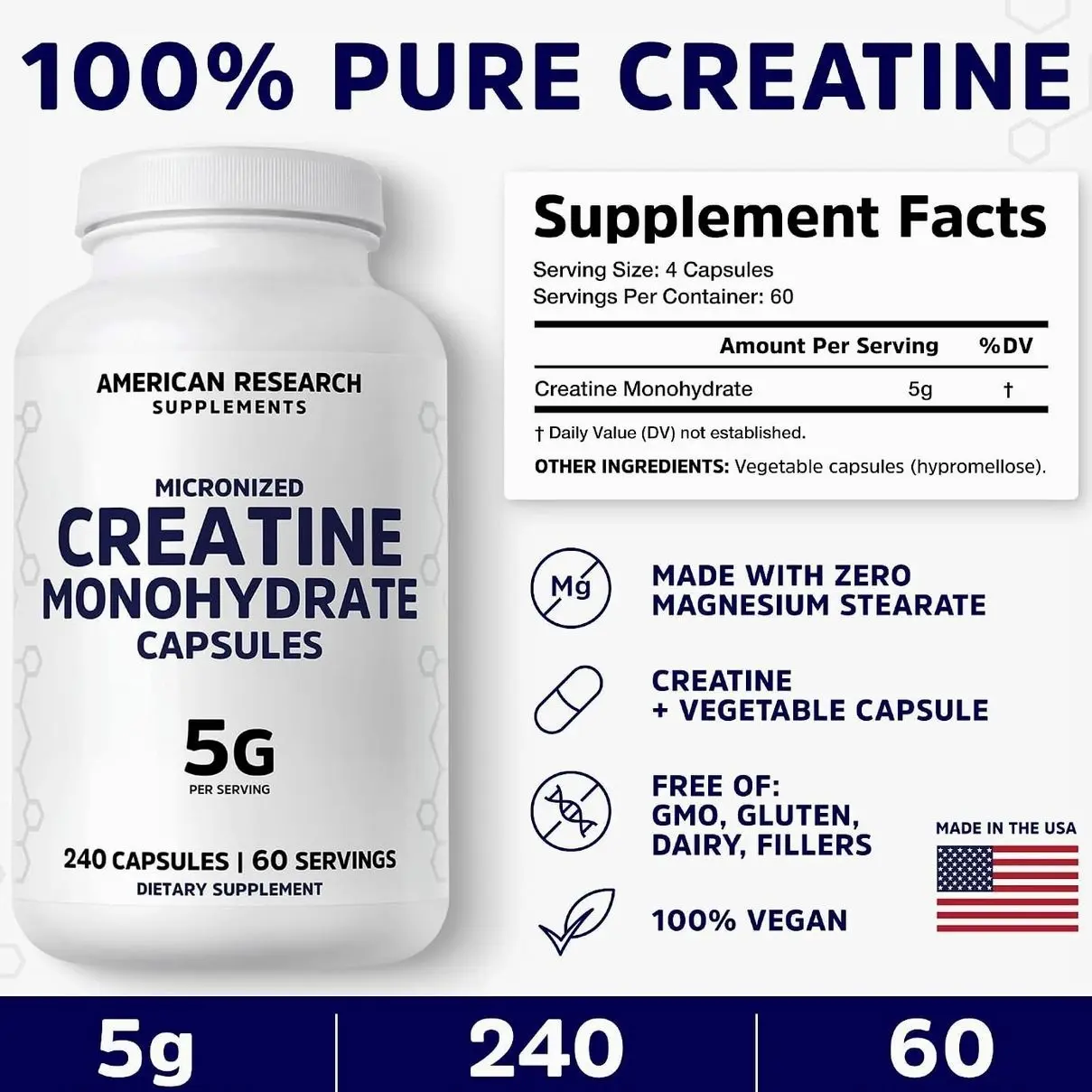 Creatine Monohydrate Capsules 5G, 60 Servings, Creatine Pills For Men and Women, 4 Caps per serving