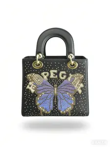 Mini Butterfly Letter Crystal Purses and Handbag for Women, Small Fashion Ladies PU Top Handle Satchel, Shoulder Tote Bag, Crossbody Purse