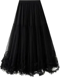 Women's Maxi Tulle Skirt Long Tiered A Line Mesh Tutu Fairy High Elastic Waist Pleated Layered Skirts