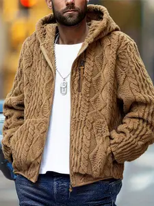 Men's Winter Fitted Plush Jacket, Fashion Hooded Coat with Zipper Closure, Casual Warm Outerwear for Fall & Winter Seasons