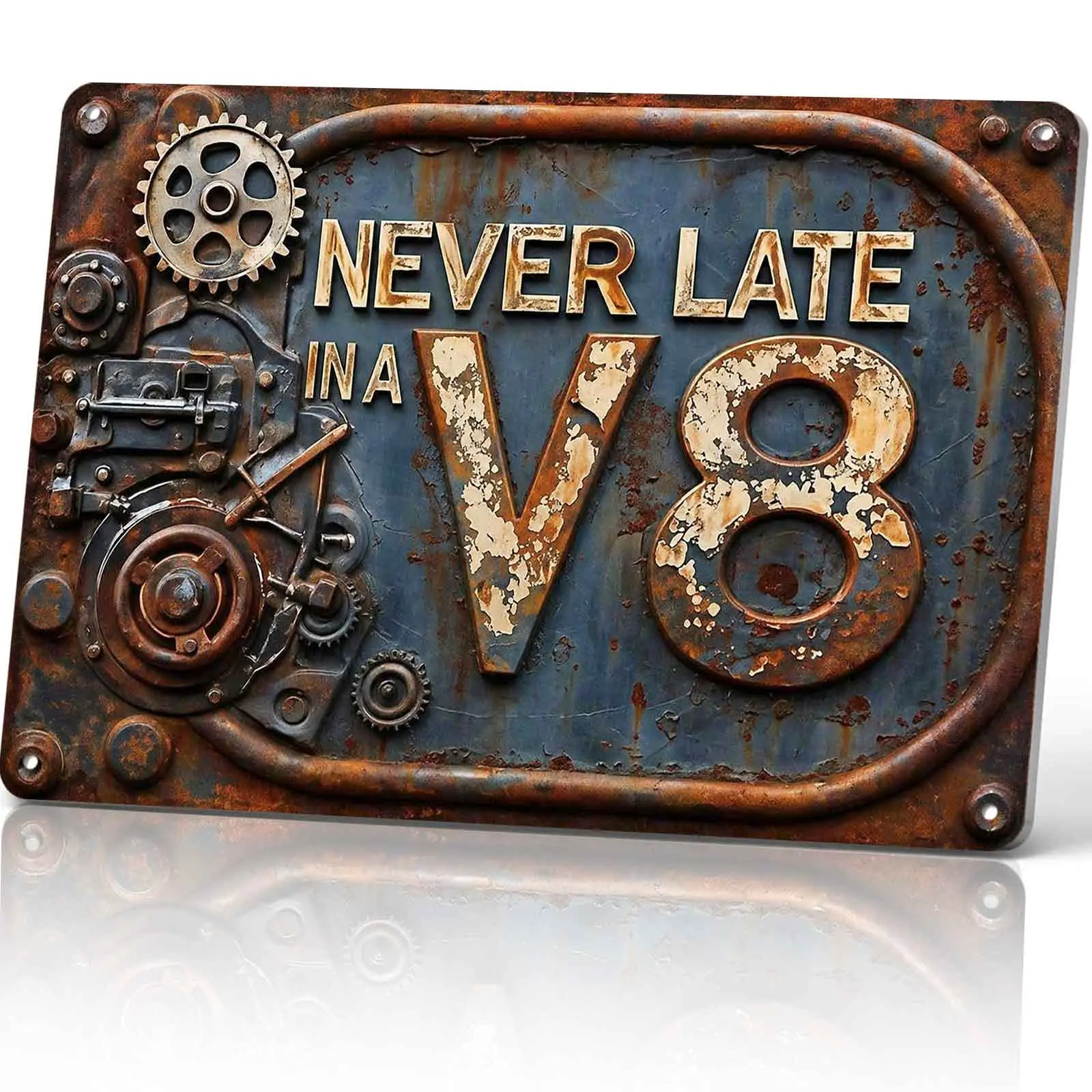 V8 Theme Aluminium Metal Sign - 8x12 in Rustic Industrial Wall Decoration, Plaque for Garage, Vintage Gift for Car Enthusiasts