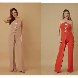 Elegant Women's Jumpsuit with One-Shoulder Design and Wide-Leg Pants in Soft Pink and Vibrant Red Colors