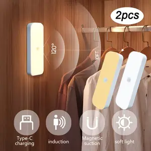 2-Piece Wall-Mounted LED Motion Sensor Light, Warm/cool, USB Rechargeable, Magnetic Suction Mount, Easy Install, Kitchen, Cabinet, Stairs, Hallway