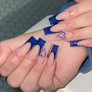 24pcs Long Gradient Nail Art Stickers, Nude Blue Glitter French Edge Heart Design, Includes Jelly Gel & File, Perfect for Parties & Office