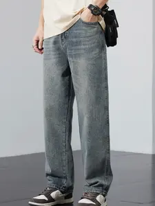 Men's Blue Loose-Fit Straight-Leg Jeans, High Street Style Casual Pants, Plain Denim Trousers, New Arrival American Fashion Long Denim Trousers