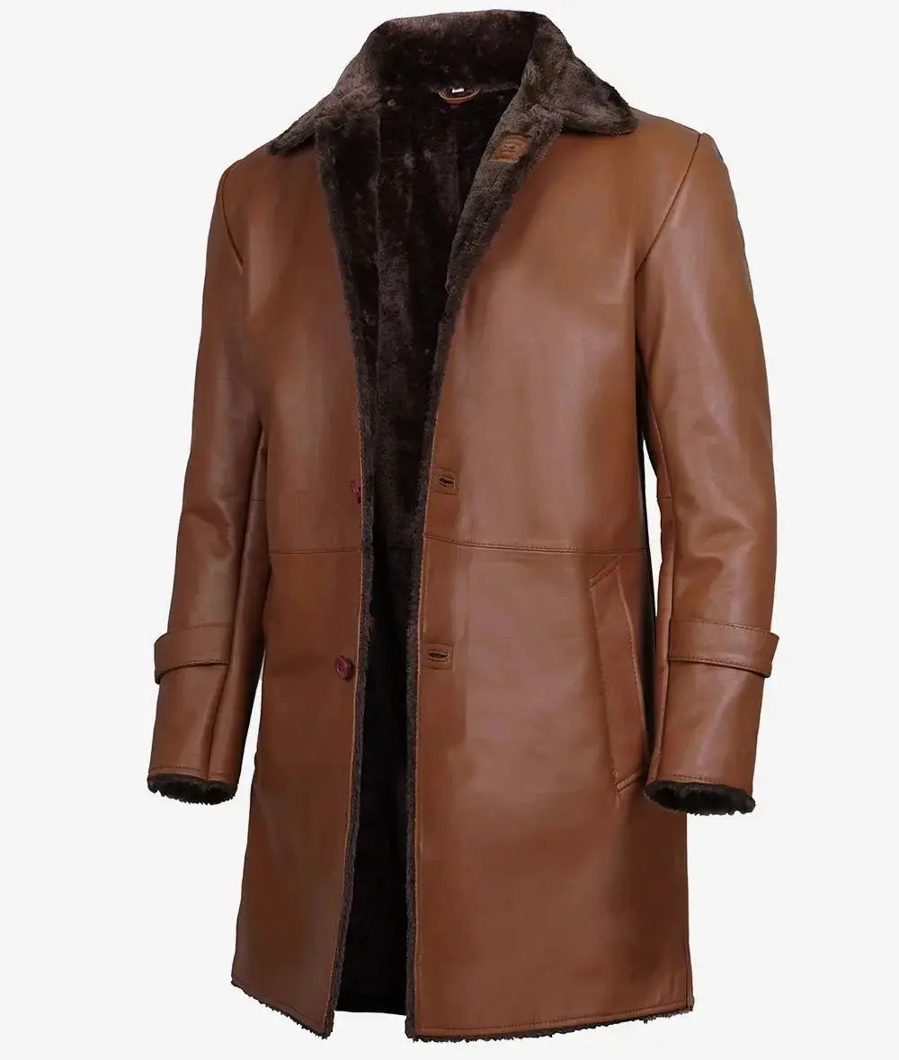 3/4 Length Cognac Brown Shearling Leather Coat