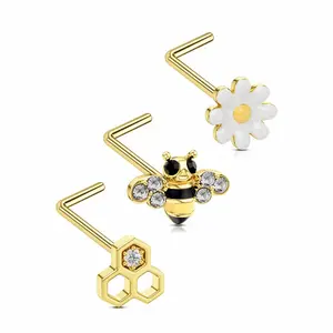 Oufer 20G L-shaped CZ Honey Flower Bee Nose Stud Set 3PCS
