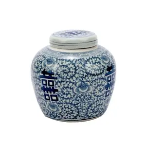 Blue & White Porcelain Double Happiness Floral Lidded Jar