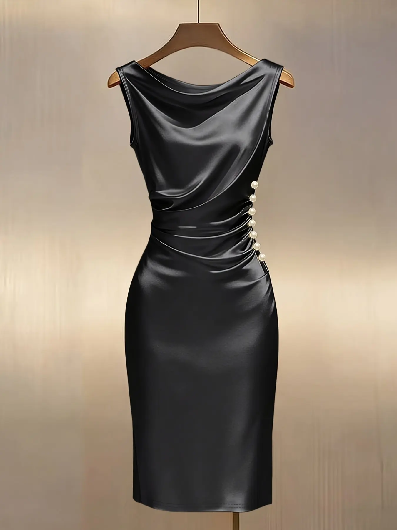 Women's Summer Satin Backless Fit Dress, Womenswear, Elegant Ruched Beaded Design, Perfect for Dates, Parties, Formal Wear, Daily Commute, Chic and Luxurious Style
