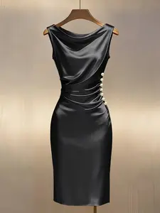 Women's Summer Satin Backless Dress, Elegant Ruched Beaded Design, Perfect for Dates, Parties, Daily Commute, Chic and Luxurious Style