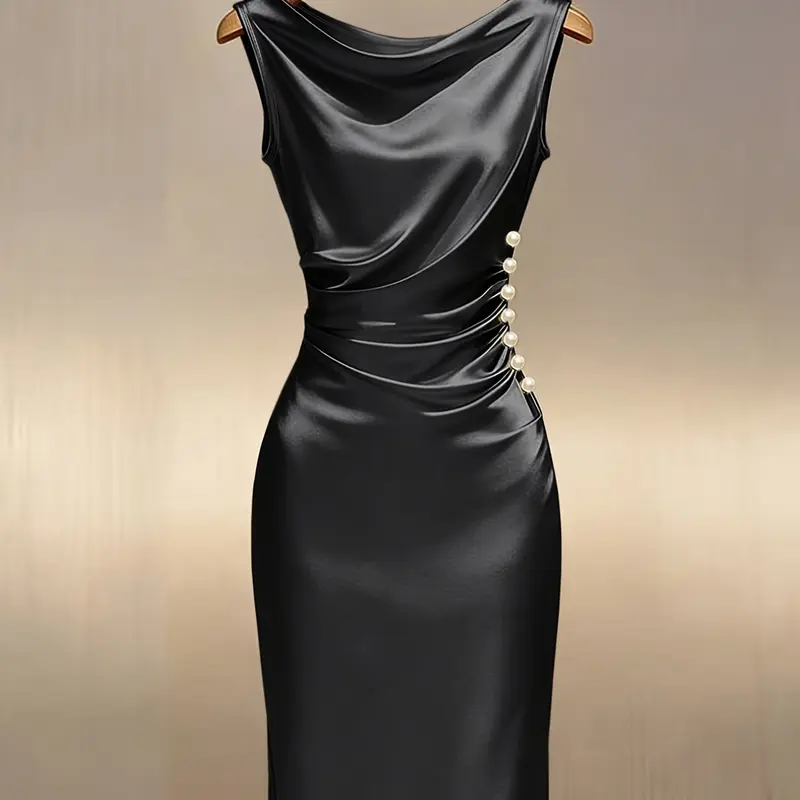 Women's Summer Satin Backless Fit Dress, Womenswear, Formal Dresses, Elegant Ruched Beaded Design, Perfect for Dates, Parties, Formal Wear, Daily Commute, Chic and Luxurious Style