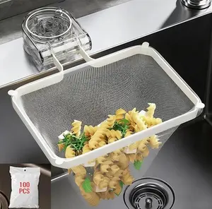 Busy Morning Hack! Folding Kitchen Sink Strainer & Drain Basket with 50/100 Disposable Mesh Bags – Catch Food Waste, Drain Fruits & Veggies, Foldable Space-Saver for Small Kitchens