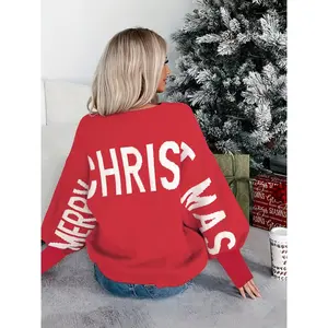Women'S Christmas Sweater - Red Holiday Pullover with Merry Christmas Text, Cozy Fall Winter Sweater for Christmas Party, Family Gathering, Everyday Outfits - Festive Sweater for Women, Christmas Clothes, Holiday Party Attire, Relaxed Fit Top, Comfortable