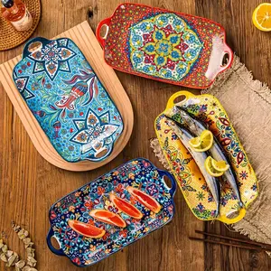 Bohemian Style Ceramic Fish Dish with Handle, 1 Count Rectangular Dining Table Tray, Suitable for Microwave and Oven, Salad Serving Plates