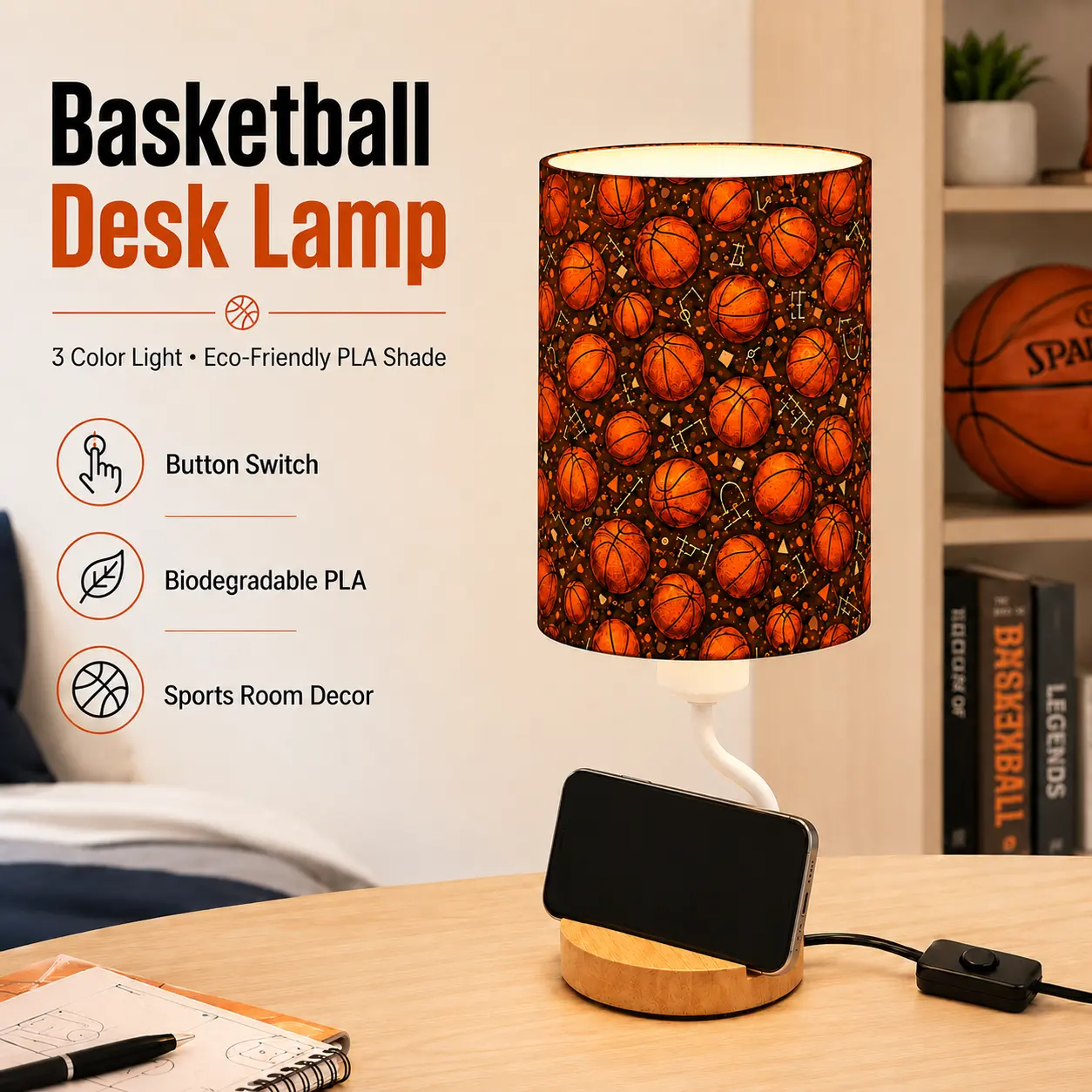 CXTVOVZSSY Basketball Print PLA Desk Lamp, USB Inline Button, 3 Light Colors, Wooden Base with Phone Holder, Sports Decor Lamp - Ideal Gift for Boys' Bedrooms, Man Caves