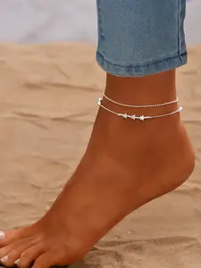 Minimalist Dual-Layer Anklet Set, Fine Chain & Beaded Chain Combination, Star Accents, Adjustable Length, Perfect for Sweet Girl & Mature Look