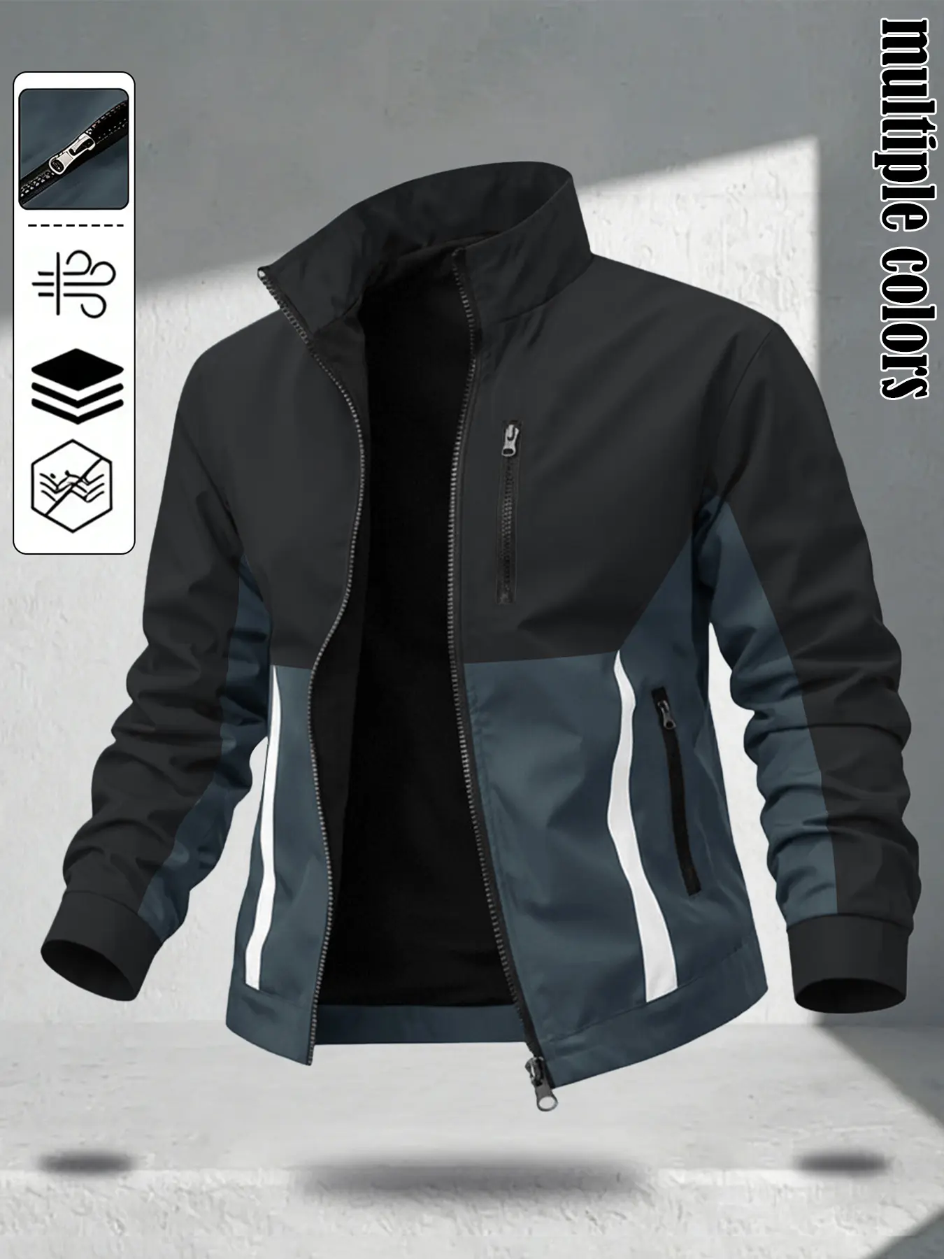 Softshell Jacket for Men That Actually Blocks the Wind — Fleece Lined Stand Collar Windbreaker with Color-Block Panels, Zip Pockets for Commute and Outdoor Wear in Navy, Olive and Slate