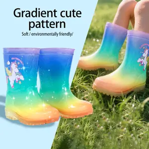 Kids Rain Boots, Waterproof Non-Slip Rainbow Gradient Unicorn Rain Shoes for Girls