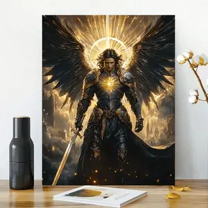 1 piece of 2D flat painting with a sturdy frame, featuring the painting of the angel Michael, with a golden halo and sword - wooden frame, spiritual decoration for office or classroom, living room artwork| Sacred Image| Precise armor design