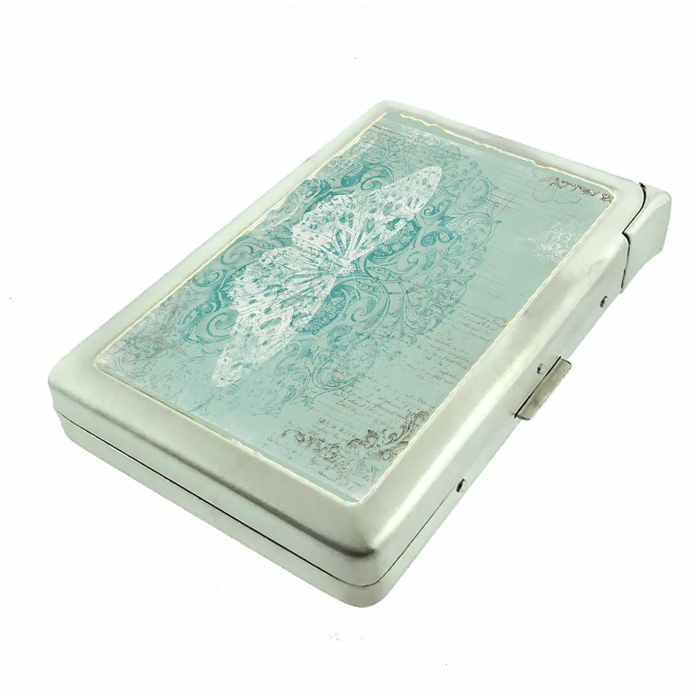 100'S SIZED Vintage Style Butterfly Damask Metal Case Wallet with Built in Lighter