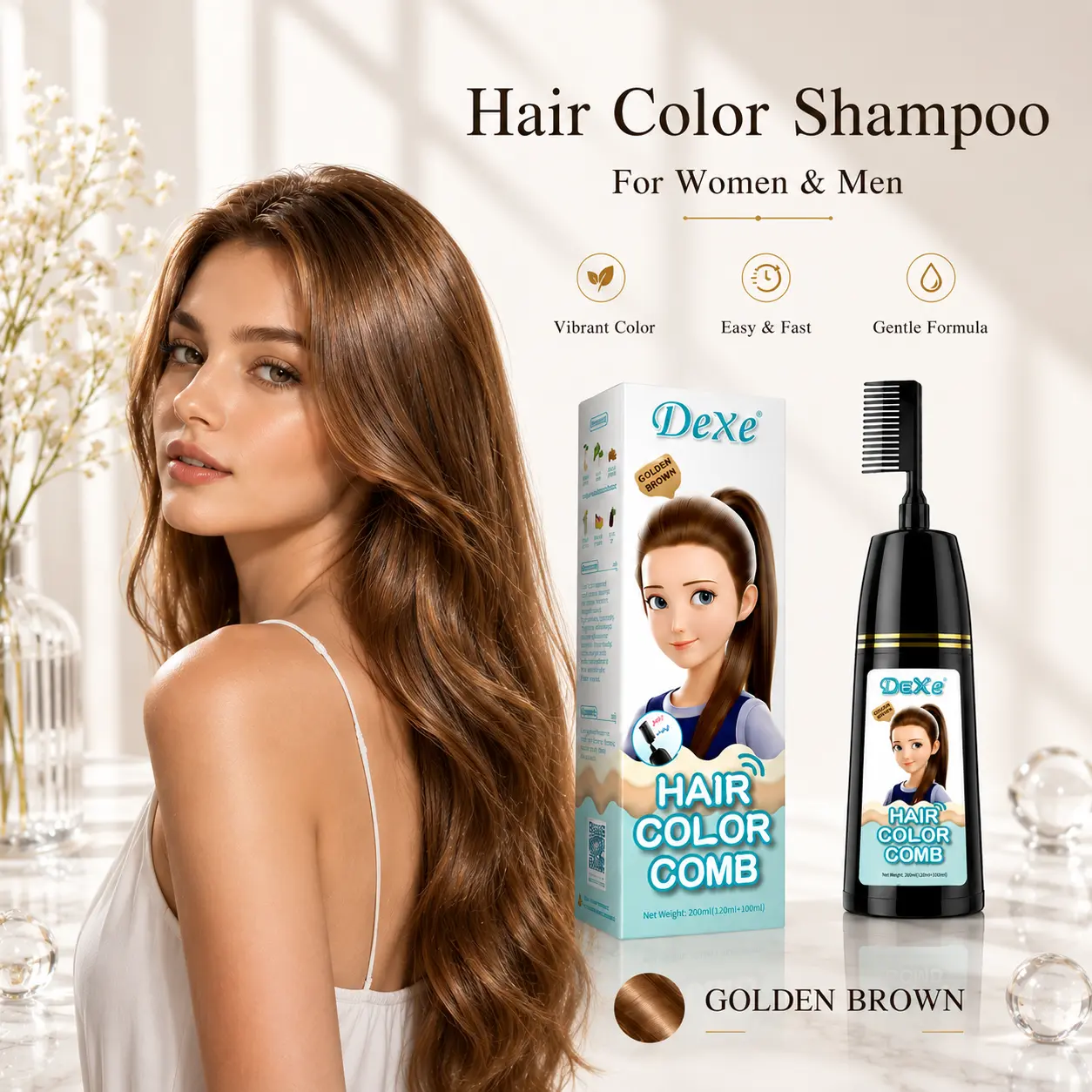 Home Use Integrated Comb Semi-Permanent Hair Dye Cream Solid - Plant Essence, Mild, No Damage, Long-Lasting, Fade-Resistant, Ash Brown & Ash Blonde Highlights Color Fixation, Haircare Product, No Bleach Hair Color, Youth