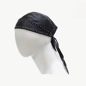Black Leather Durag with Silver Studs for Men and Women Unisex Headwear