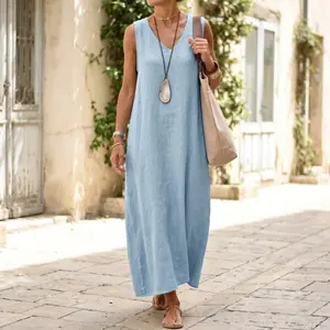 Sleeveless V-Neck Maxi Dress, Loose Swing Flowy Long Dress, Casual Everyday & Beach Wear