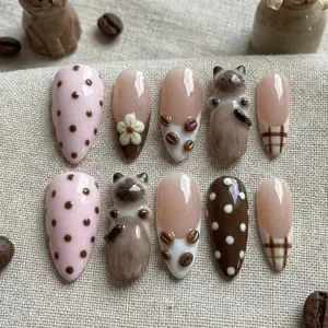 A17 Coffee Cat Press On Nails, 3D Cute Art, Nude Brown Polka Dot Latte Style, Handmade Glossy Gel Nails, Cozy Fall Aesthetic, Kawaii Animal Nails, Gift for Her