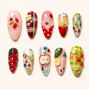 Kawaii Fruit Press On Nails – Cherry Strawberry Apple Designs, 3D Jelly Details, Sweet Picnic Summer Nail Art Set