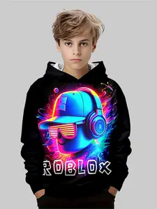 Boys' Hooded Sweatshirt Cyber Neon Roblox Character 3D Print, Graphic Print Hoodie, Casual Fitted Street Style, Fall & Winter Kids Fashion