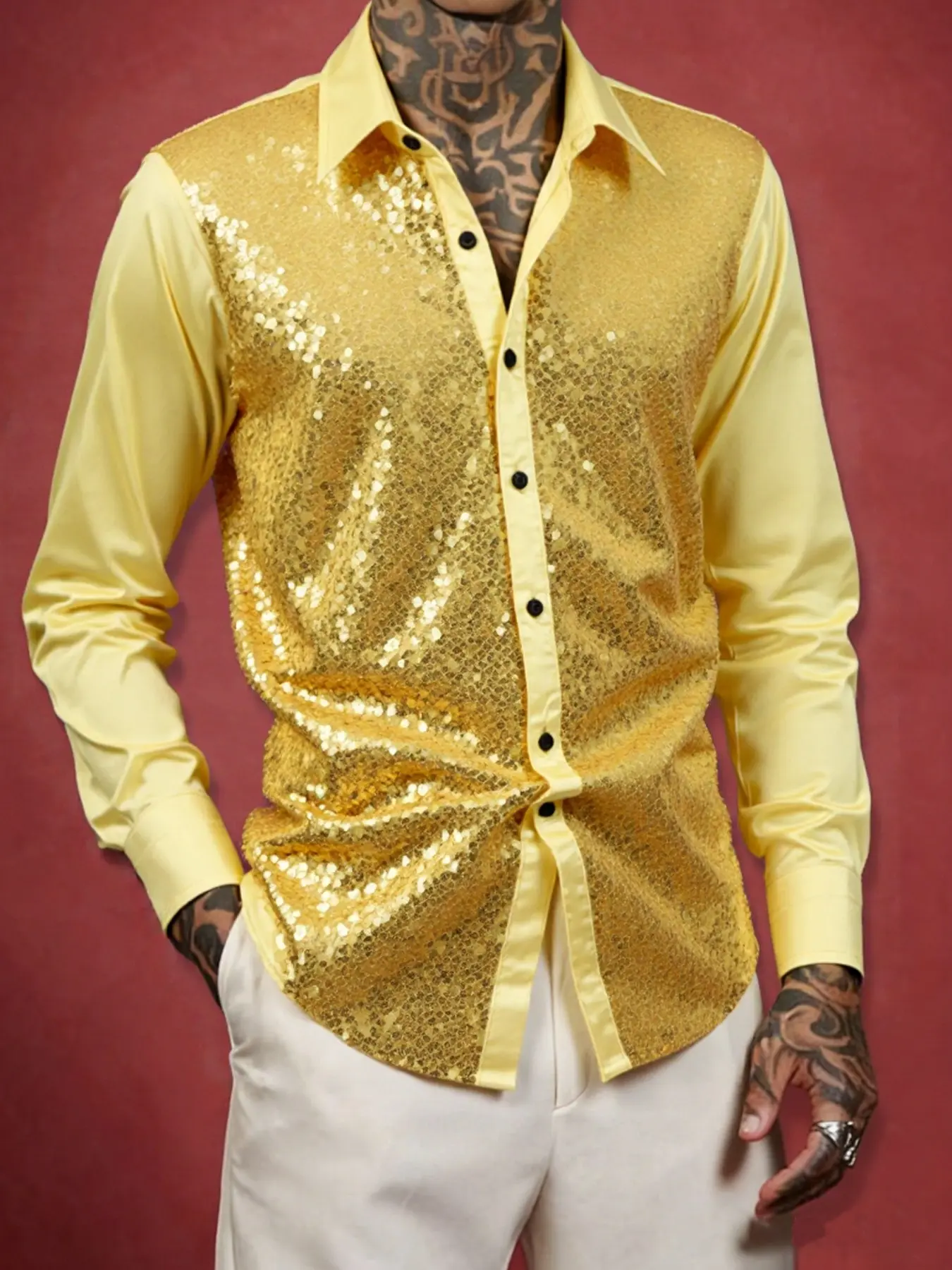 Men's Summer Long Sleeve Sequin Shirt, Elegant Casual Slim, Perfect for Parties and Evening Events, Stylish and Elegant Design, Ideal for Special Occasions