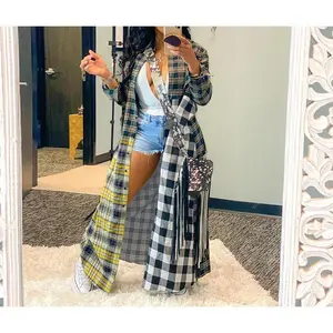 Women's Casual Color Block Plaid Patchwork Long Shirt Jacket