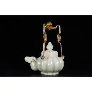 A1553 Superb Chinese Gilt Gold Enamel Inlay Hetian Jade Carved Fortune Sheep HandleTeapot