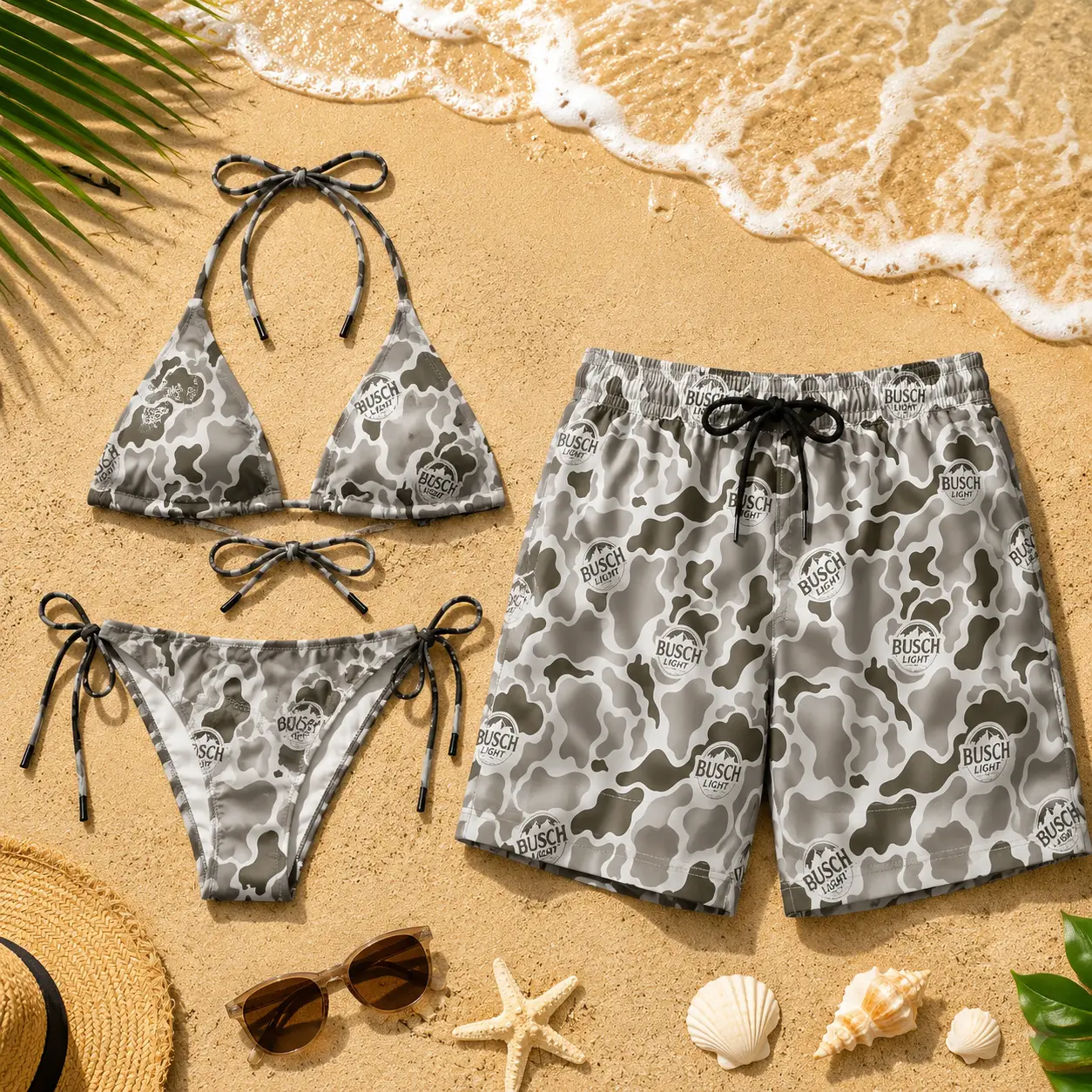 Camo Hawaiian Busch Matching Couple Swimwear Set – Women’s Bikini & Men’s Swim Trunks, Tropical Camouflage Vacation Outfit for Couples
