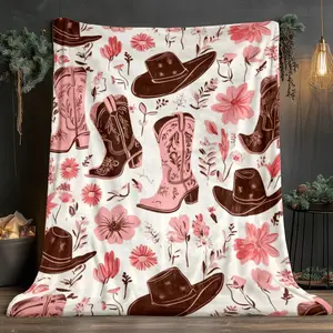 Western Cowboy Boot and Hat Throw Blanket Lightweight Flannel Bedspread for All Season Pink Brown Cowgirl Floral Western Motifs Ideal for Sofa Bed Camping and Travel Western Home Decor Gift
