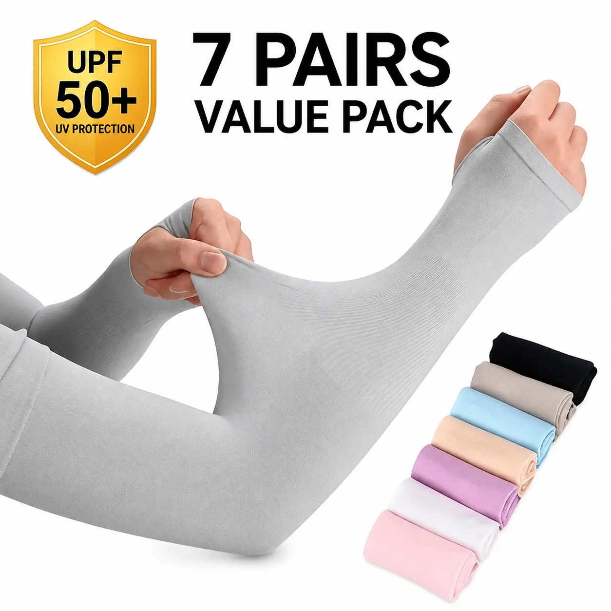 7 Pairs UPF 50+ Cooling Arm Sleeves, UV Sun Protection Arm Covers with Thumb Holes for Men Women, Driving, Golf, Fishing, Cycling & Hiking