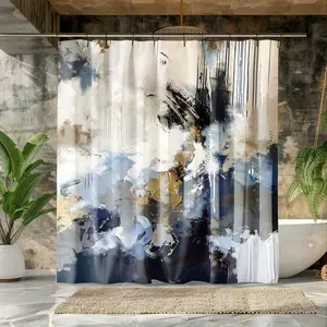 1pc  Blue White Gray Abstract Black Ink Splash Shower Curtain - Modern Minimalist Polyester Fabric Bathroom Curtain with Grommet Top, Abstract Art in Blue White Gray Black Beige Golden - Contemporary Bath Décor for Modern Homes