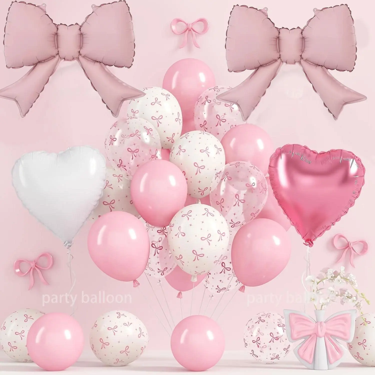 36-Piece Bow Heart Latex Balloons Set, Includes 2 Bows, 2 Aluminum Foil Hearts, Perfect for Birthday Parties, Wedding Decorations, Anniversary, Balloon Arch Decoration, Balloon Garland, Birthday Party Decorations